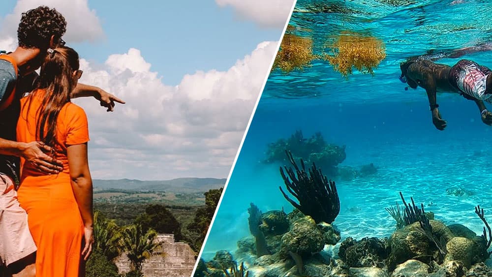 A couple gazes at a scenic view on the left, while a person swims below the ocean's surface on the right.