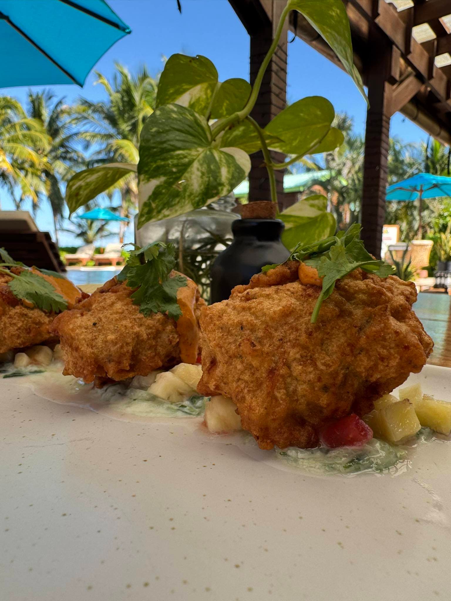Three golden-brown fritters topped with cilantro are served on a white plate with a colorful fruit salsa and a lush background of palm trees and blue umbrellas.