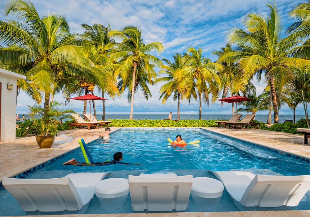 A clear blue pool surrounded by palm trees, with people swimming and relaxing in the sun.
