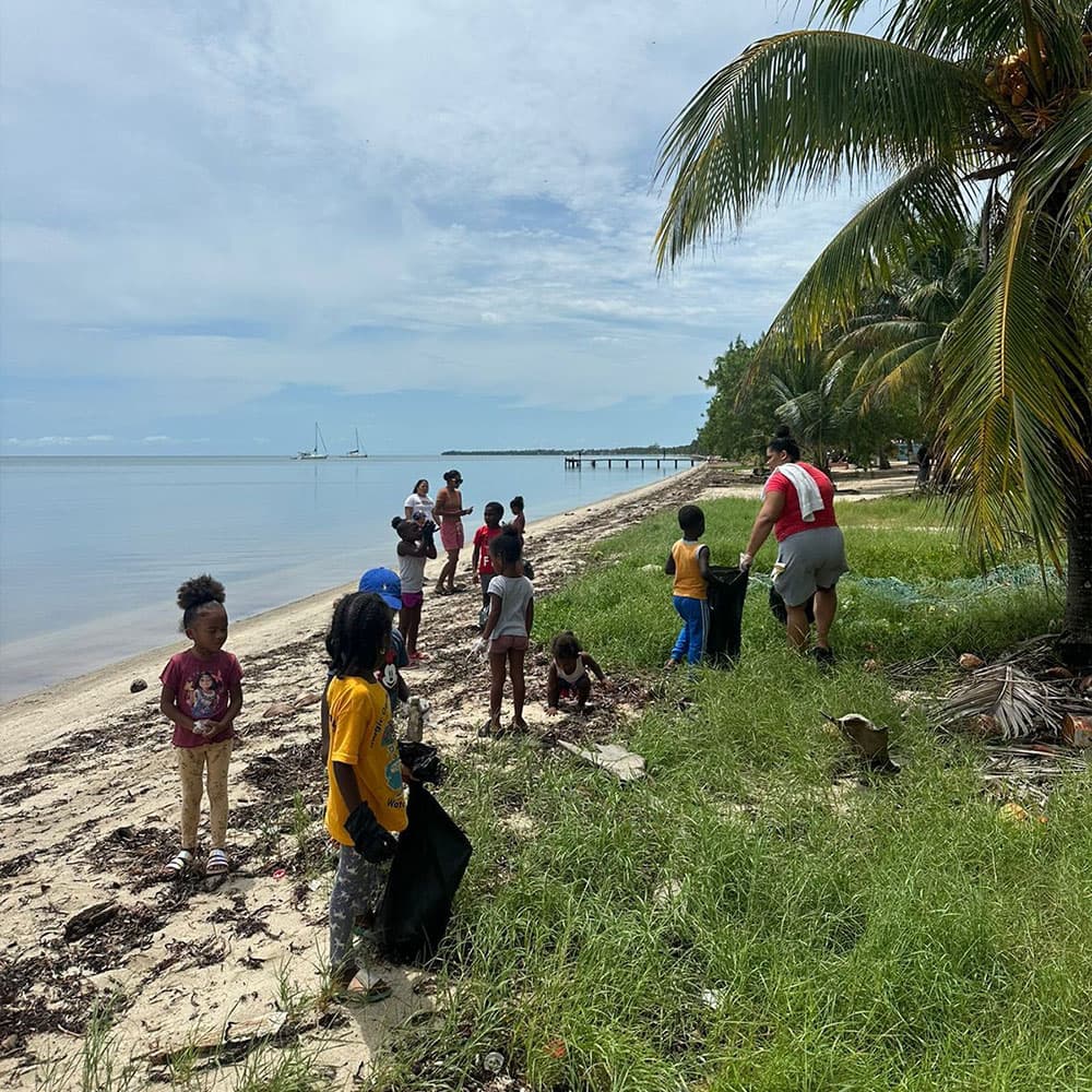 A group of children and adults clean up debris along a sandy beach lined with palm trees.