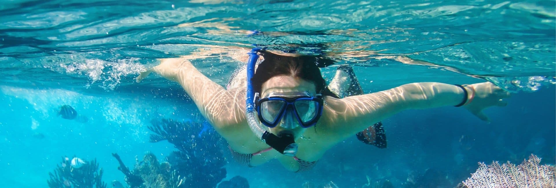 A person snorkeling underwater amidst coral reefs.