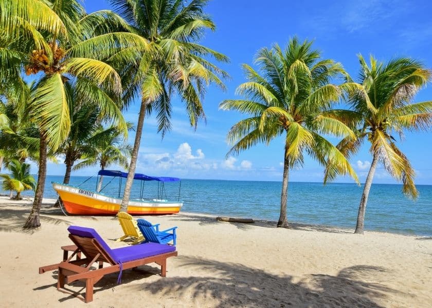 Two adirondack chairs and a lounge chair on a sunny beach under palm trees overlooking the Caribbean Sea.