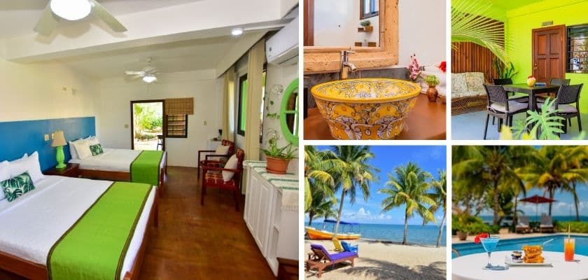 Collage of the Coco Loco room with two queen beds, a yellow mosaic sink, patio dining, the beach, and poolside appetizer with two drinks.