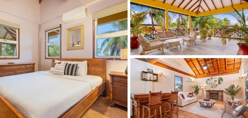 Bismarck Suite bedroom living room and private veranda with tropical views at Coconut Row in Belize.